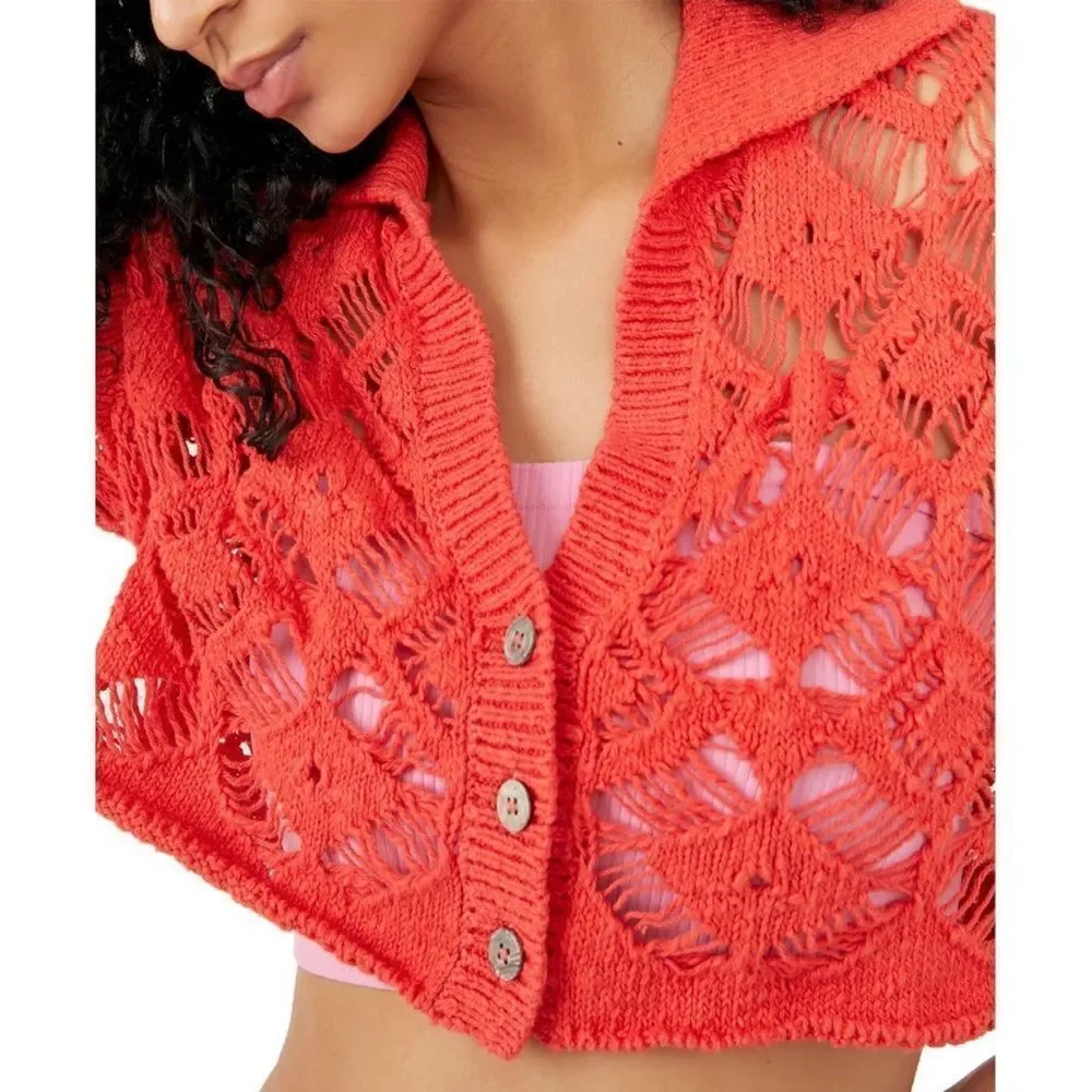 NWT Free People Sedona Open Knit Cropped Cardigan in Guava Berry, Size Small